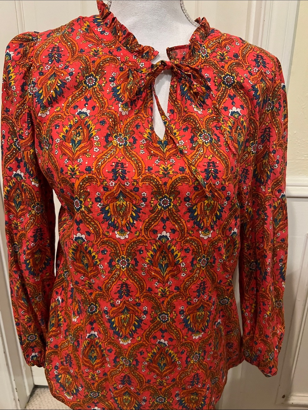 Talbots Red Paisley Tie-Neck Blouse with Ruffle Collar & metallic embellishment